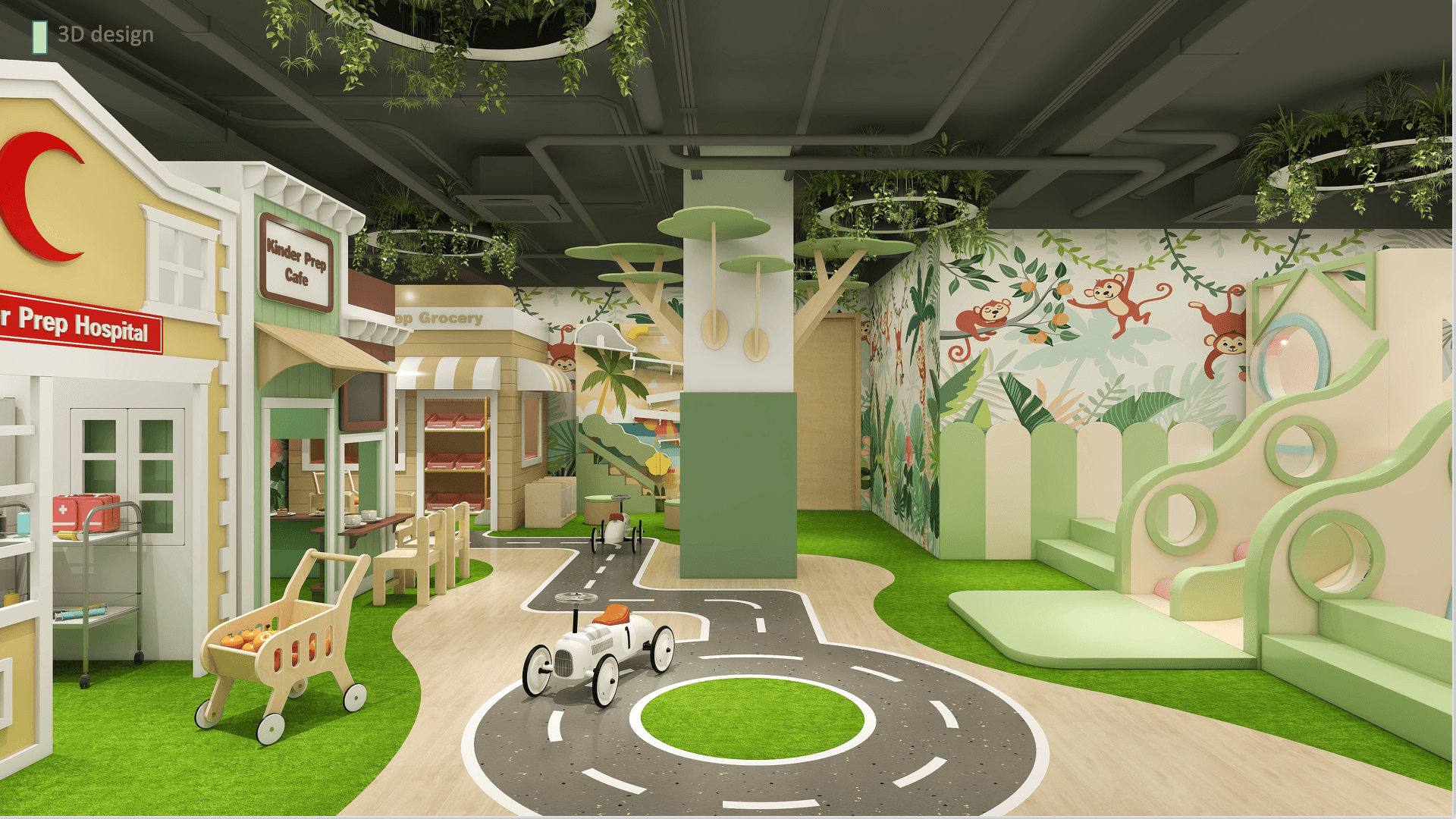 3D design rendering of the Greenpoint indoor movement studio with a pretend-play town, soft-play climbing structure, road circuit, and jungle mural