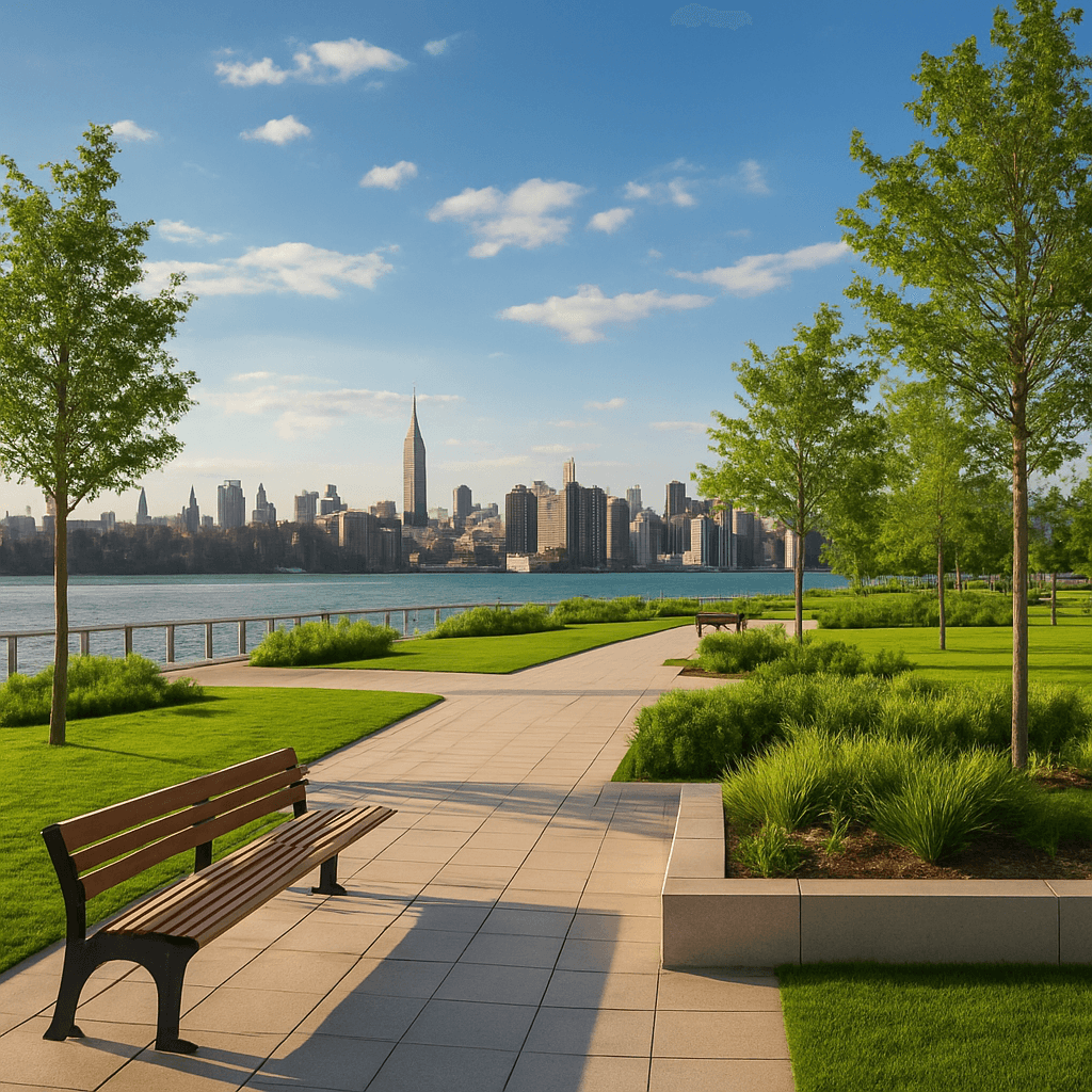The 1 Wharf Plaza waterfront green space in Greenpoint with lawns, trees, and the Manhattan skyline across the river