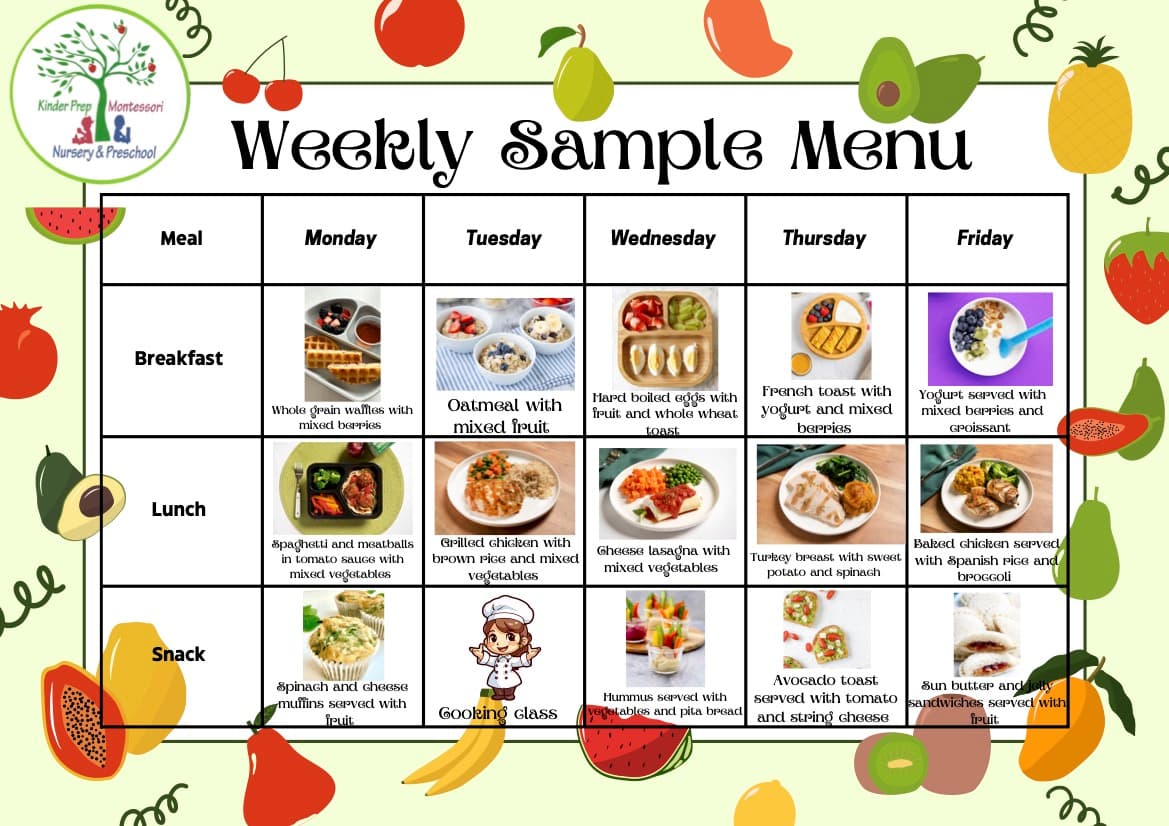 Kinder Prep weekly sample menu showing breakfast, lunch, and snack for Monday through Friday
