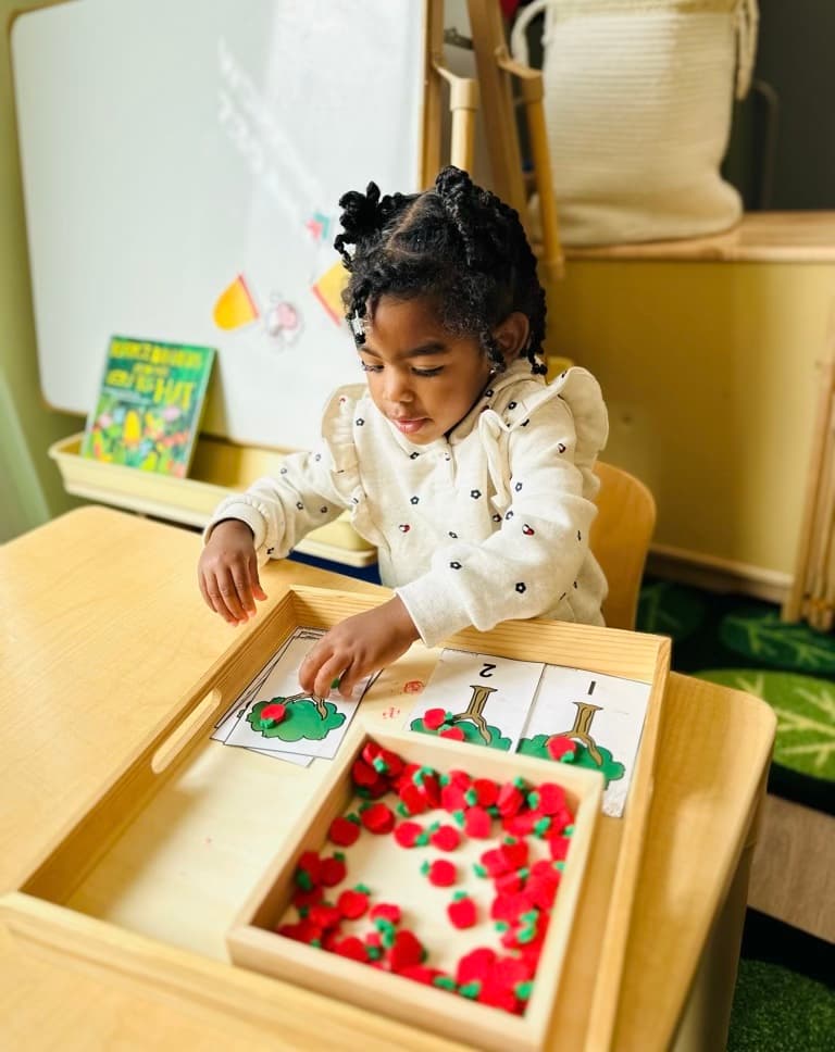 Preschooler working on a Montessori apple counting math activity